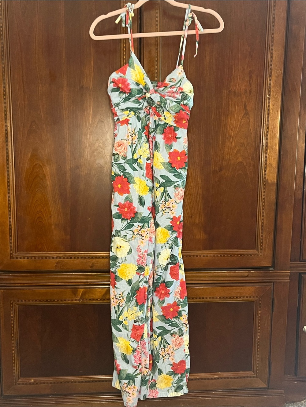 Old Navy Floral Wide Leg Jumpsuit XS Tie Strap Smocked Back Pockets